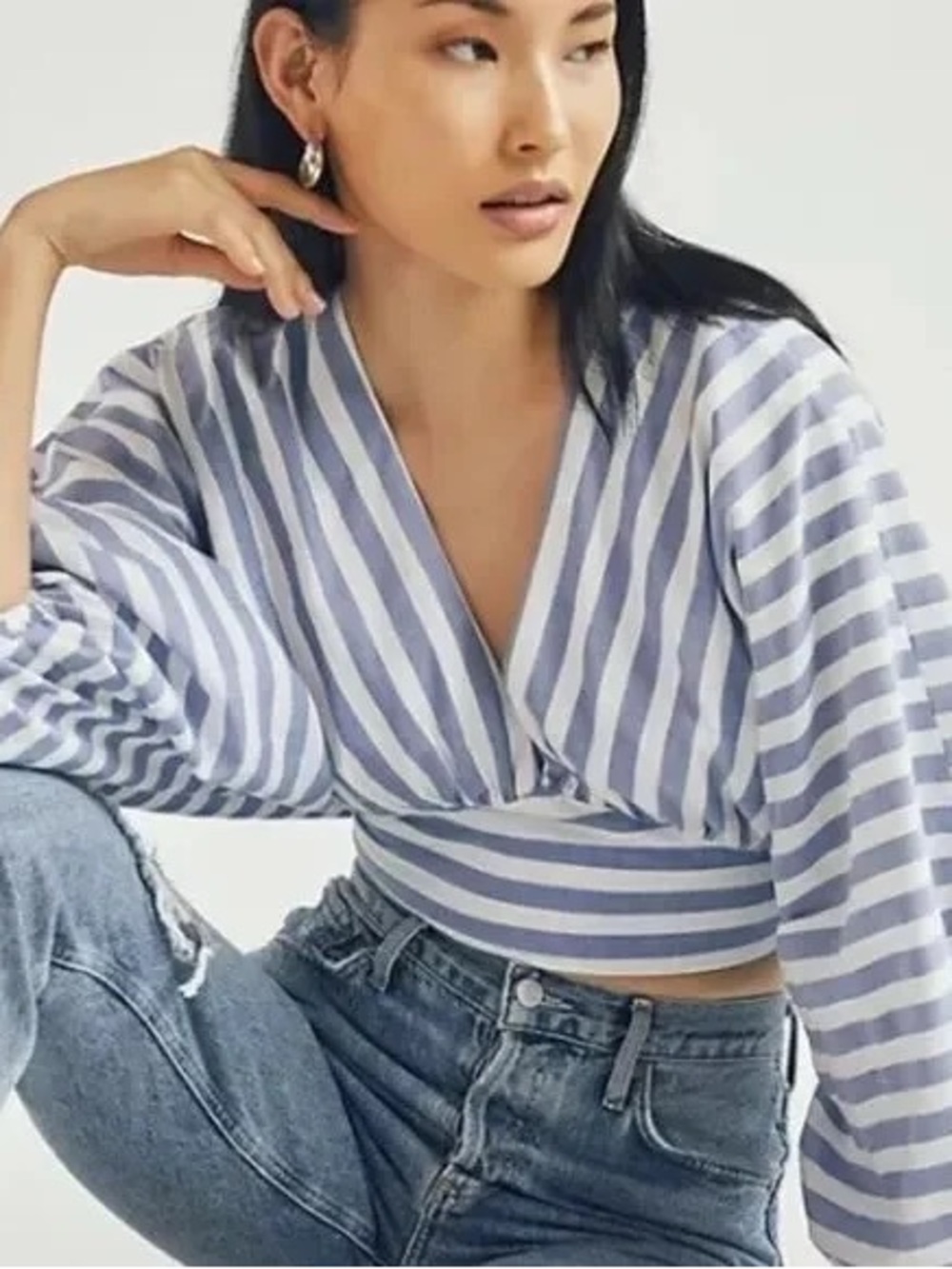 Anthropologie Dolan Striped Balloon Sleeve Deep V Shirt Size 1X Blue White Chic